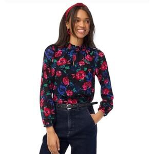 J. Crew Smocked Keyhole Top Black Antique Navy Red BV614 Size XXS
